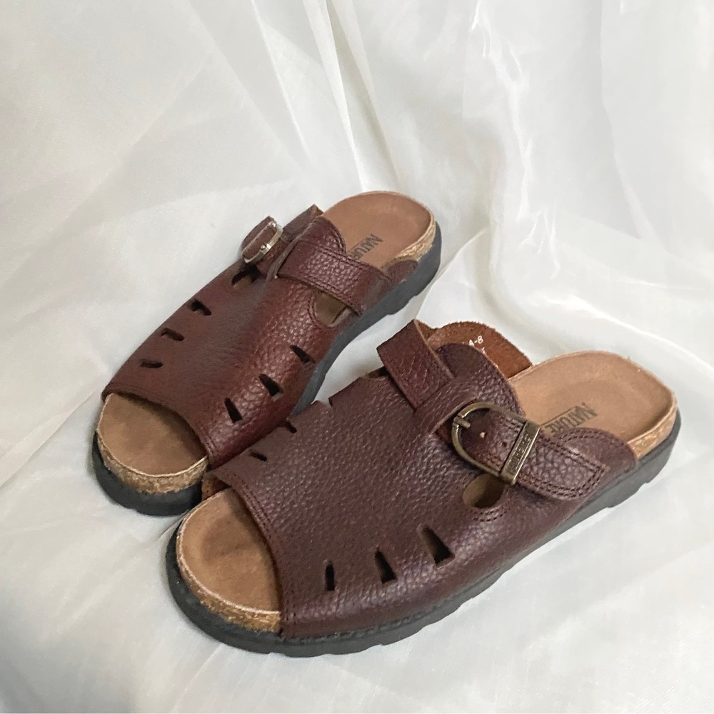 Vintage 1990s Pebbled Leather Buckle Cutout Brown Slide Sandals 5.5 Boho Granola
